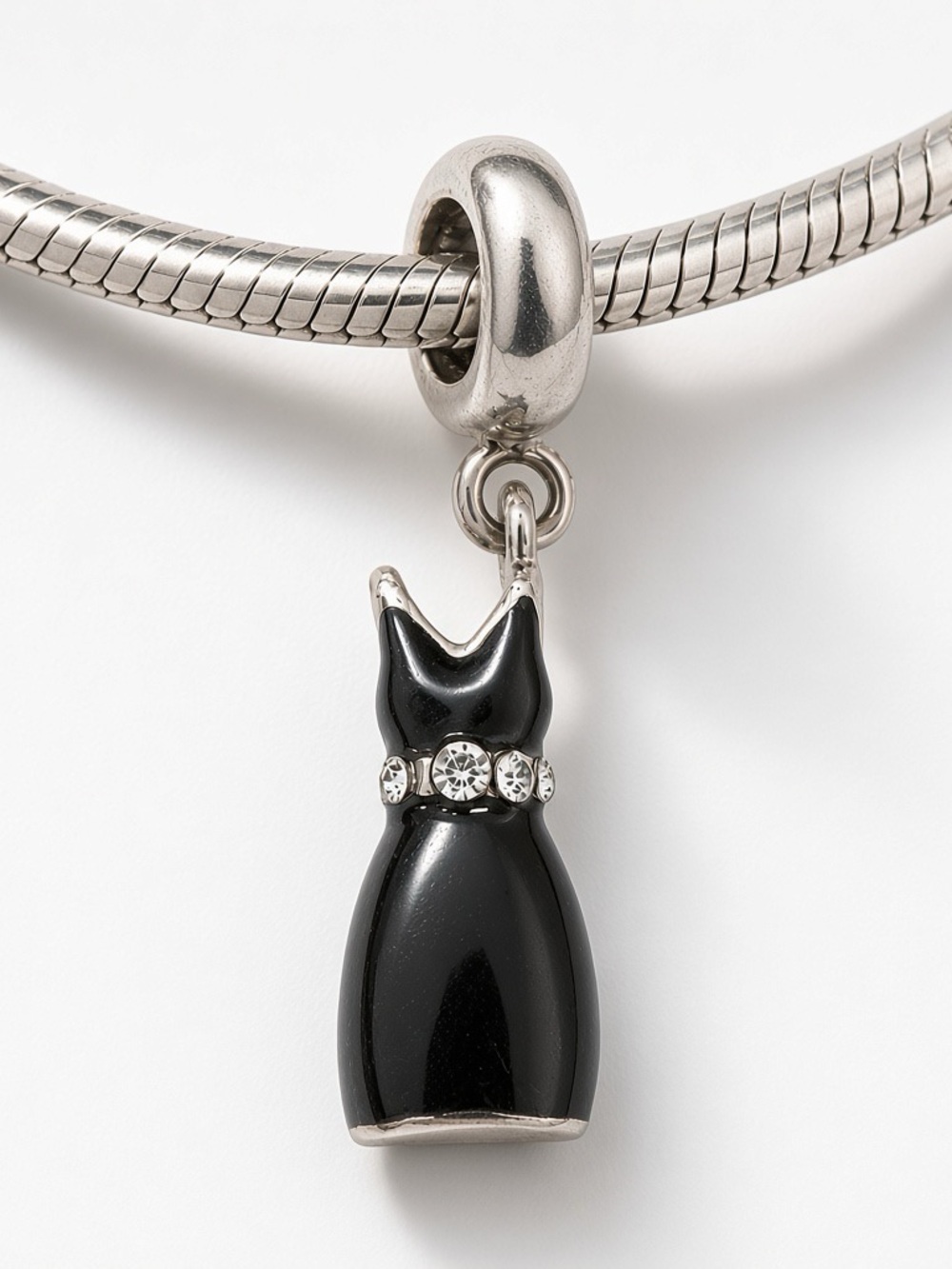 Little Black Dress Rhinestone Silver Charm Pandora Compatible
